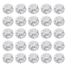 60Pcs 12mm Rhinestone European Beads, Large Hole Crystal Beads, White