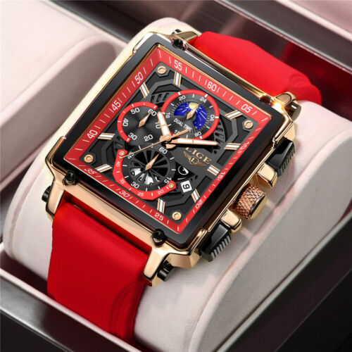 LIGE Men Watch Rectangle Top Brand Luxury Silicone Sport Watches Date Wristwatch - Afbeelding 1 van 24