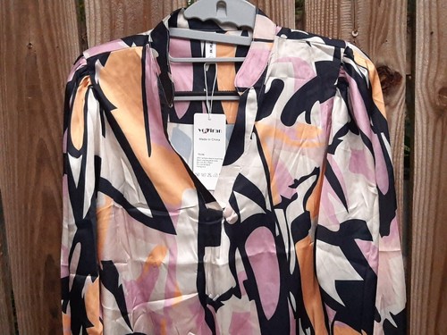 Women's MULTICOLOR V NECK SILK BLOUSE Large Black, Pink, Peach, White NWT - Picture 2 of 6
