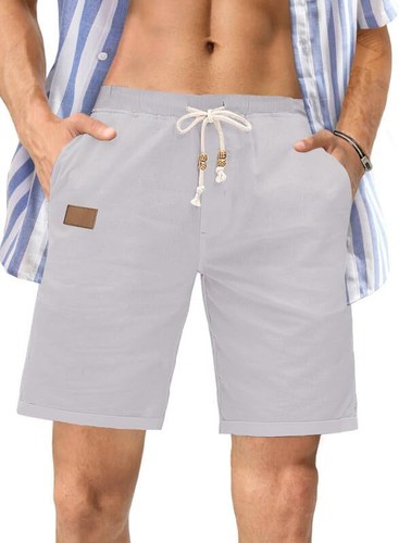 Mens Cotton Linen Casual Shorts Elastic Waist Drawstring Summer Beach Shorts - Picture 19 of 47