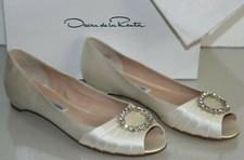 765 NEW Oscar de la Renta Ruched Ivory Satin Flats Crystals WEDDING Shoes 40