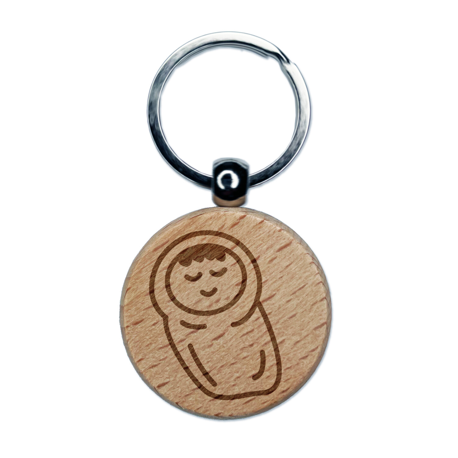 Sleeping Baby Doodle Engraved Wood Round Keychain Tag Charm