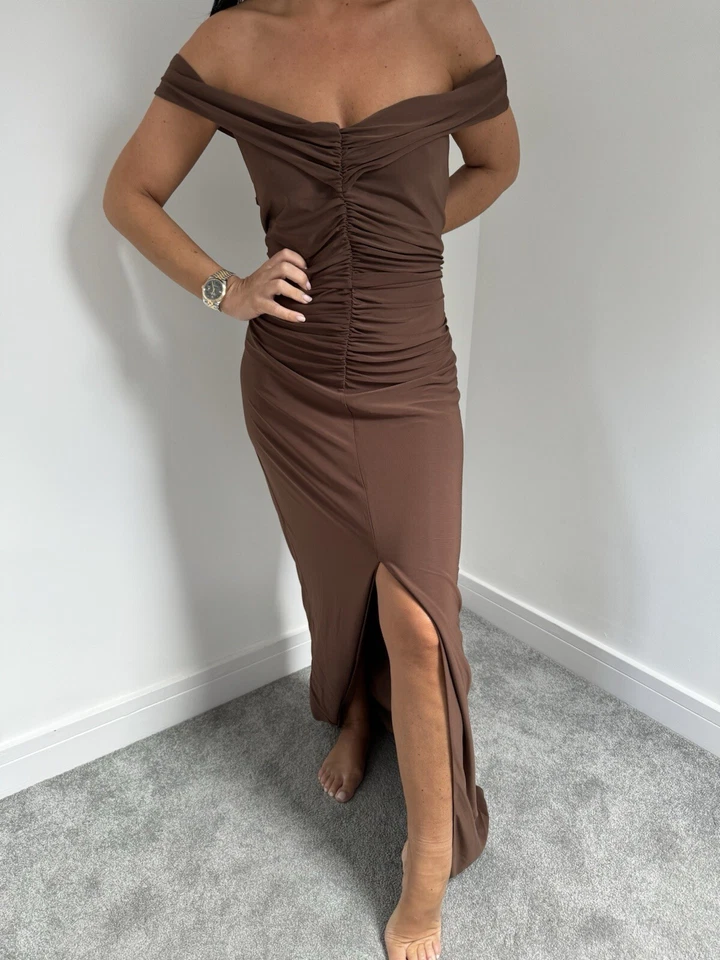 VESTIDO LIPSY TALLA 16 MARRÓN BARDOT FRUNCIDO JERSEY PESADO MAXI NUEVO CON ETIQUETAS Foto 4 de 4