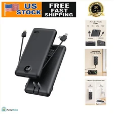 10000mAh Slim USB C Power Bank with Built-in Cables & AC Plug - Travel Essential