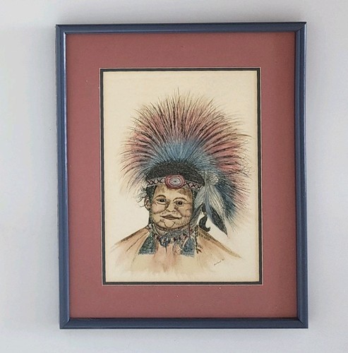 Watercolor & Ink Drawing Signed Shirland Native American Indian Portrait Framed