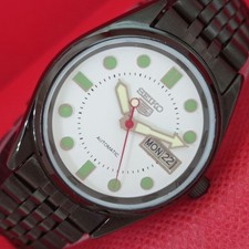 VINTAGE REFURBISHED SEIKO 5 AUTOMATIC JAPAN MENS BLACK CASE WATCH a444605-1