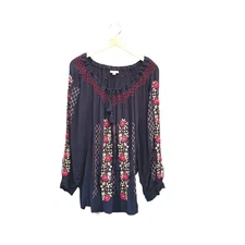 J Jill Embroidered Blouse Black Boho Peasant Top Women Plus Size 3X Rose Trellis