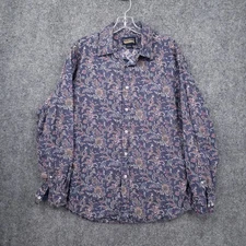 Cremieux Premium Denim Button Up Shirt Mens L Large Blue Floral Paisley Collared