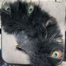 Black Feather Fan with Peacock Feathers, Green Accents, Animals  Nature Theme