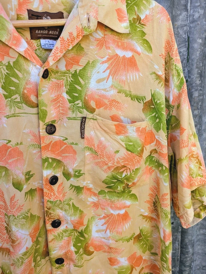 Camisa hawaiana vintage con estampado tropical Mango Moon para hombre talla L  Foto 2 de 4