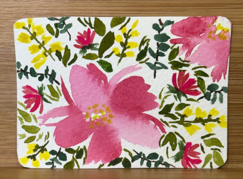 Original Floral ACEO Watercolor Painting OOAK Miniature Art Card Pink Wildflower