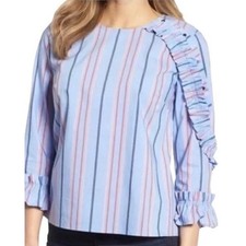 Halogen Womens Blue Striped Ruffle Sleeve Blo...