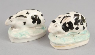 2 Miniature 19thC Antique English Staffordshire Pottery Bunny Rabbit Figures NR