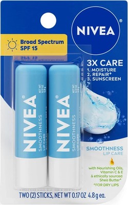 2 BNIP Nivea Smoothness Lip Care w/SPE 15 Lip Moisturizer 0.17oz