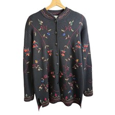 Vintage Wool Blend Embroidered Floral Cardigan Sweater Black M Boho Whimsygoth