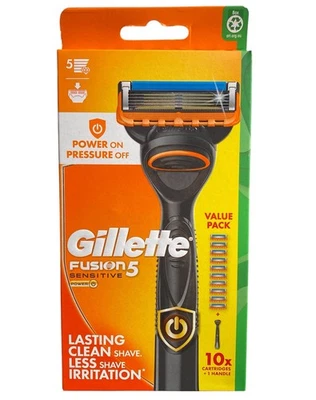 Gillette Fusion 5 Sensitive Power Razor + 10 Blades / Cartridges NEW AU SELLER