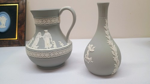Wedgwood Jasperware Gray Etruscan Jug Pitcher & Bud Vase - Rare Pieces