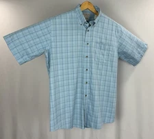 LL BEAN Button-Up Shirt Mens XL Blue Plaid SS Oxford Stretch Classic 100% Cotton