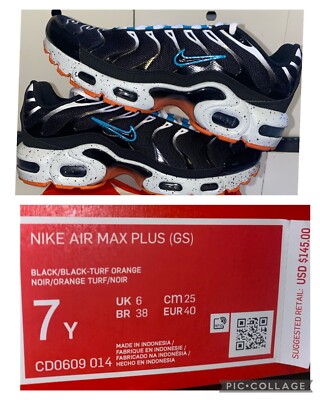 Nike Air Max Plus GS Black Turf Orange Speckled CD0609-014 Size 7Y, Women s 8.5
