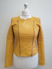 A633 Womans Lulu Love Yellow Faux Leather Zipped Biker Jacket Uk S 10 Eur 38