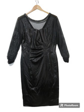 Sz 12 Tahari Party Evening SHEER SHOULDER & SLEEVE Black Dress Bodycon Satin