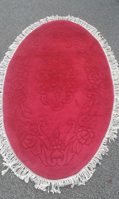 Brandneu Handgefertigt Chinesisch 100 % Wolle Teppich OVAL 5X3FT Rot Geschnitzt Muster