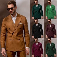 Linen 2 Pcs Men's Suits Peak Lapel Tuxedos Double Breased Slim Fit Summer Prom