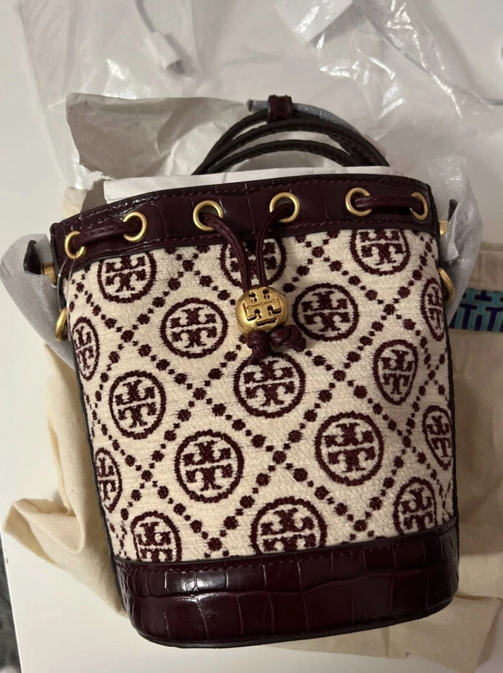 TORY BURCH MINI BORSA A SECCHIO CINIGLIA CINIGLIA MONOGRAMMA NUOVA CON ETICHETTE