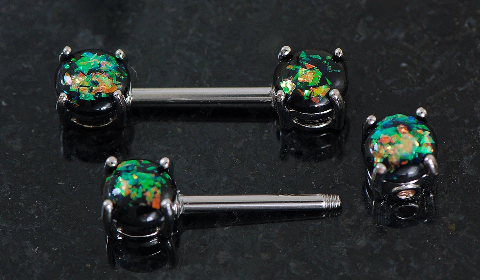 Par de anillos para pezones 14 g 9/16" (14 mm) de acero quirúrgico verde oscuro ópalo brillo Foto 2 de 3