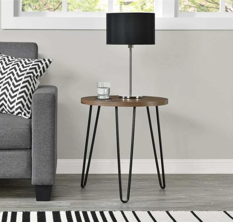 Mesa auxiliar redonda de madera con patas horquilla muebles industriales regalo de inauguración de casa Foto 4 de 4