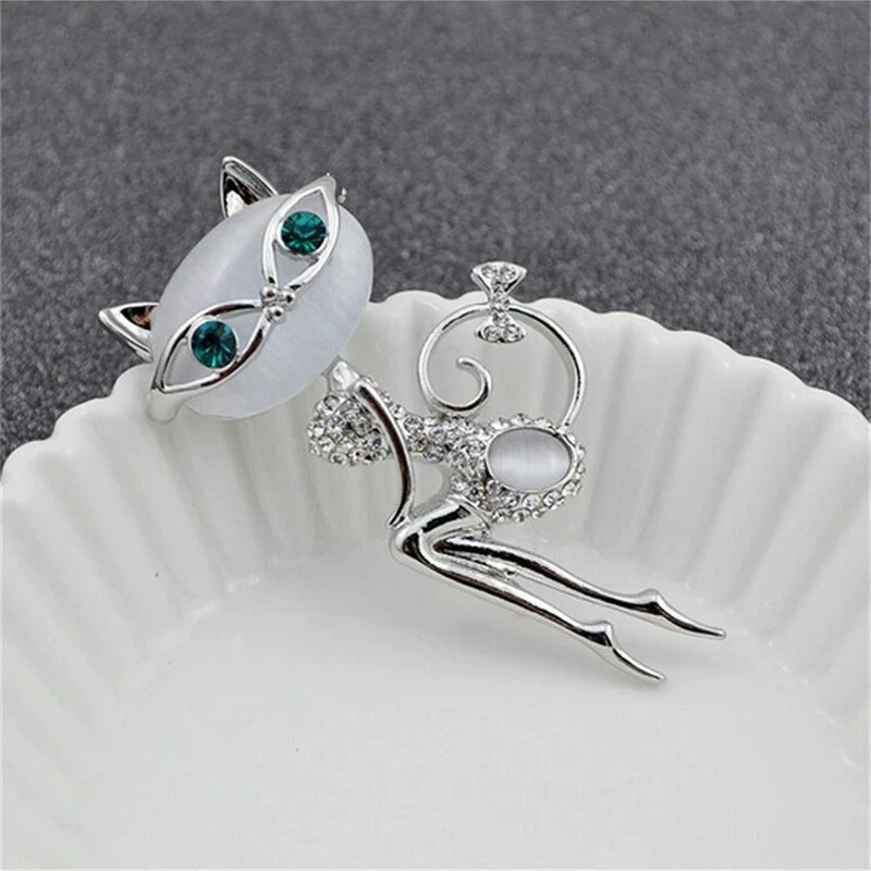 Schöne Brosche Katze mit Brille aus Stein und Kristall