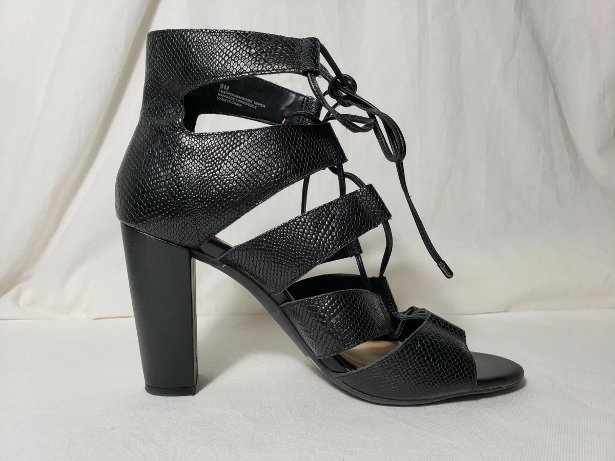 Gianni Bini Women s Black Leather Lace Up Block Heels Size 9M eBay