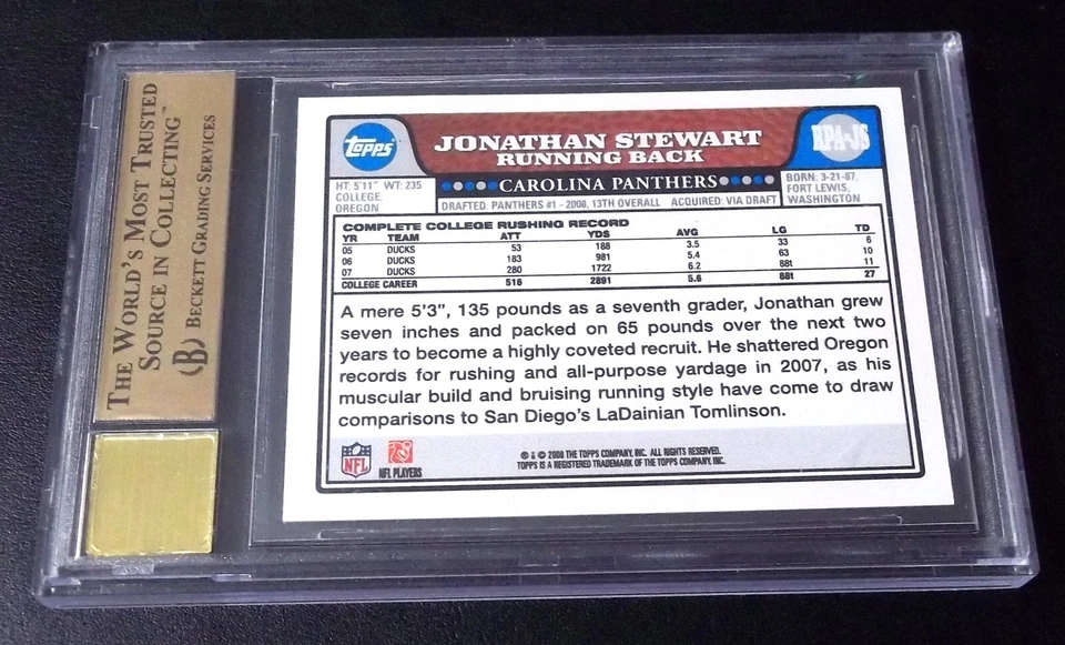 BGS 9.5 10 Autograph Rc Jonathan Stewart Auto 2008 Topps Rookie Premiere Signed - Image 3 of 4