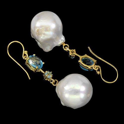 Estate 925 Orecchini Argento Ovale Svizzero Blu Topazio Perla Gemma Gioielli - Foto 3 di 9