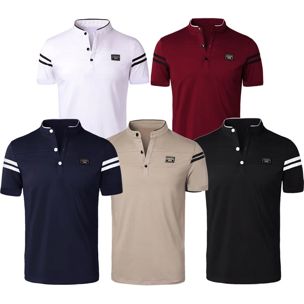 Mens Slim Fit T Shirt Grandad Henley Neck Short Sleeve Tops Golf Polo Shirt