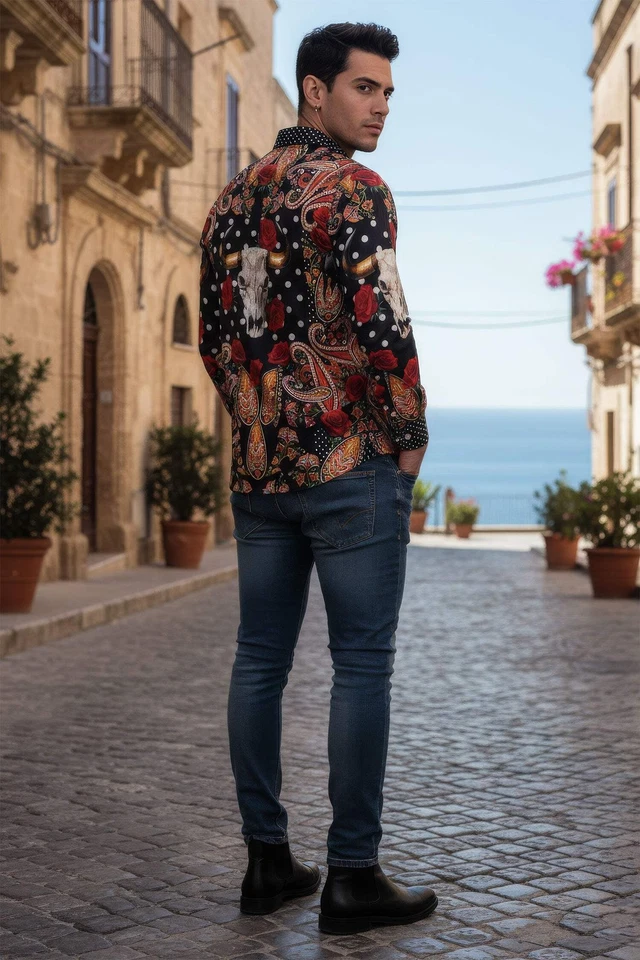 Barabas Men's Rhinestones Floral Bull Skull Long Sleeve Shirts 5SPR13 - Image 3 of 4