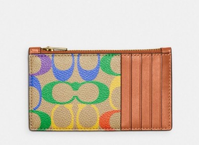 Coach Zip Card Case Wallet In Rainbow Signature Canvas Leather