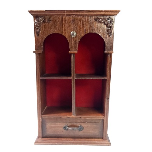 Vintage Miniature Wood Wall Display Cabinet Red Felt Lined 10" Tall