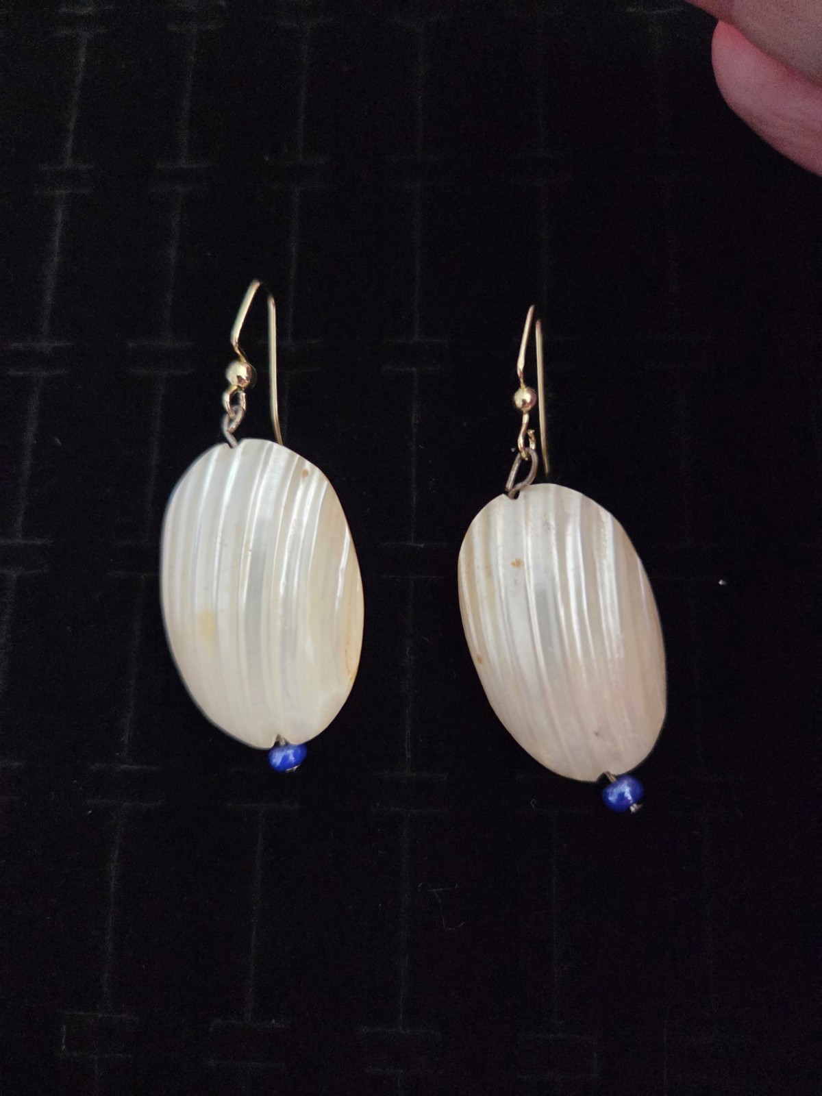 Vintage MOTHER OF PEARL Earrings Large PUFFY Oval Pierced Dangles Blue