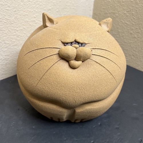 Handmade 70s Stoneware Fat Cat Piggy Bank Cork Stopper Art Studio Pottery Decor