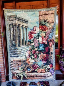Vtg French Wall Tapestry Amazing " Still Life In Architectural Ruins "  56 x 38"