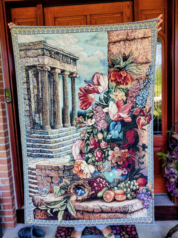 Vtg French Wall Tapestry Amazing " Still Life In Architectural Ruins "  56 x 38"