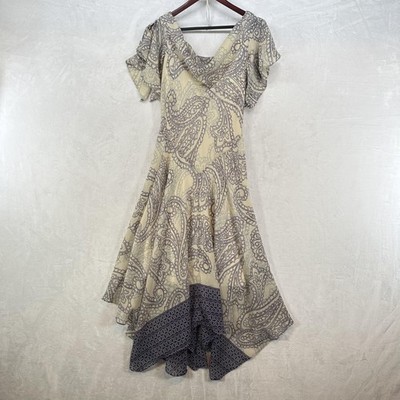 Robbie Bee Dress Womens 10 Ivory Blue Paisley Fairy Hem Beaded Flutter Sleeve