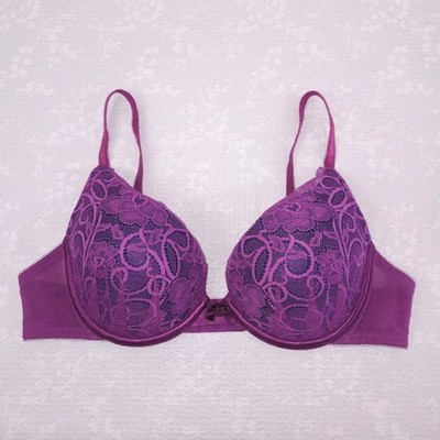 Lily of France Extreme Ego Boost Push-Up Bra 34B Fuschia Lace Floral Convertible