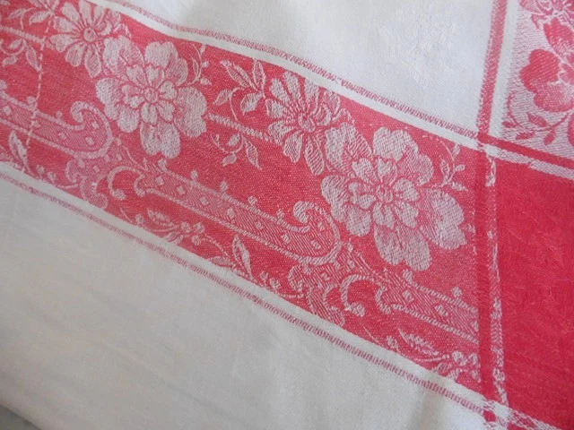 ANCIENNE NAPPE NAPOLEON III DAMASSE BLANC LARGE LINTEAUX ROUGE 130X140 CM - Photo 2/4