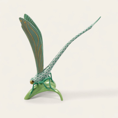 Large Herend Green Fishnet Dragonfly on Grass Figurine 15276