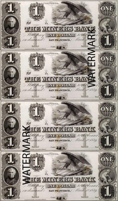 San Francisco CA - Miners Bank $1-1-1-1 Obsolete Currency Sheet REPRODUCTION