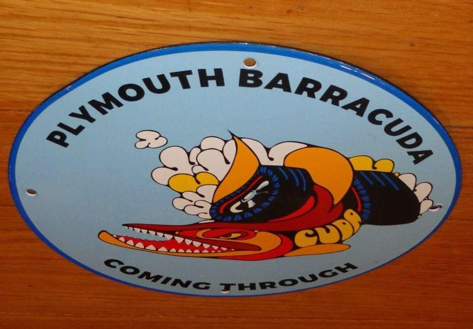 ВИНТАЖНЫЙ ЗНАК DODGE PLYMOUTH BARRACUDA 11 3/4 ДЮЙМА ФАРФОРОВЫЙ МЕТАЛЛИЧЕСКИЙ АВТОМОБИЛЬ РЫБА ГАЗ И МАСЛО - Изображение 2 из 4
