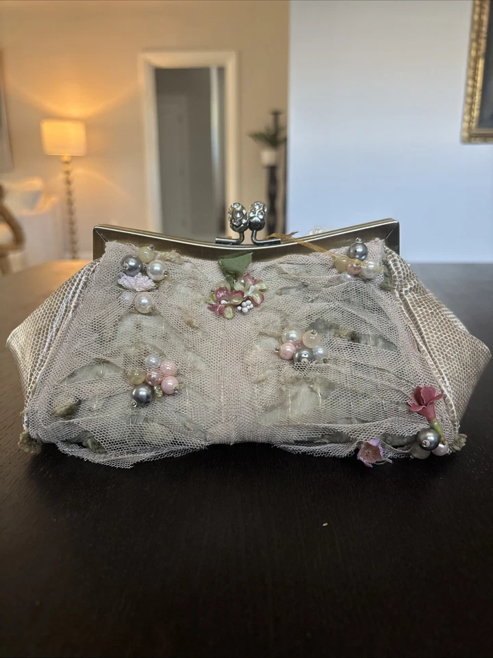 Vintage Mary Frances Flower Pearl Biege Clutch Purse - Image 2 of 3