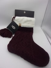 UGG Cable Knit Holiday Christmas Stocking Garnet Burgundy Faux Fur Pom Poms NEW